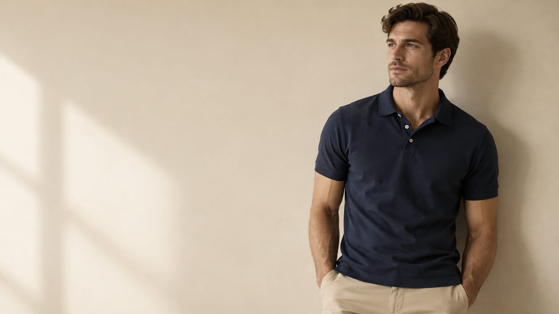 Hombre con polo azul marino apoyado en una pared beige, mirando hacia un costado